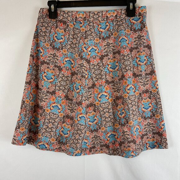 Ojai Skirt M Brown Blue Orange White Floral Elastic Waist A-Line - Picture 1 of 8